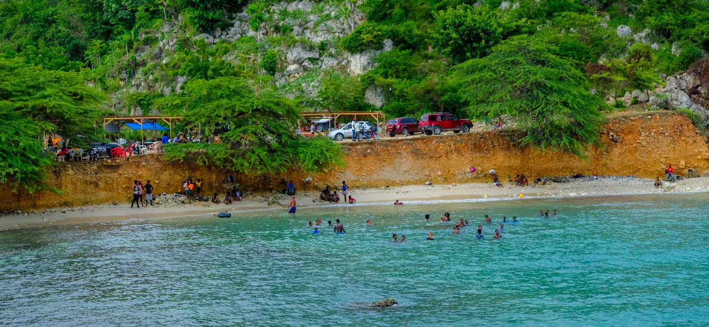 people swimming by beach with trees