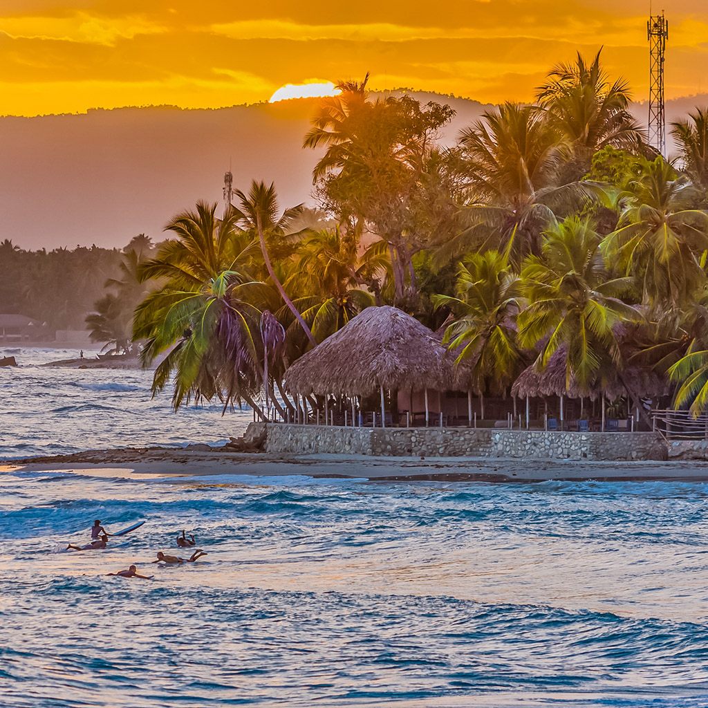 Coconut palms crowd around thatched-roof pagodas at the beach at Cayes, Jacmel Kabik, Haiti