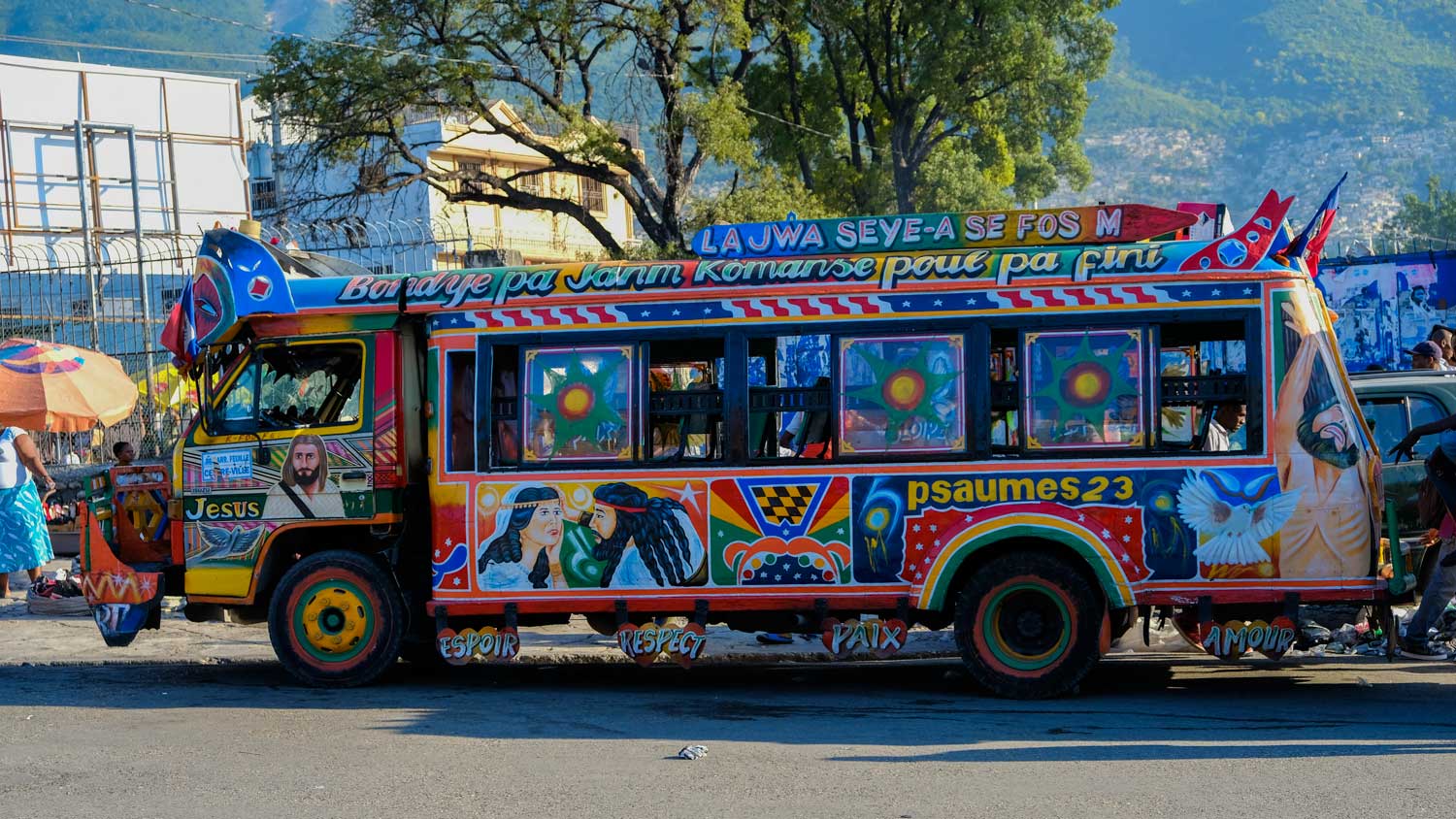 Extravagantly painted public bus in Port-au-Prince, Haiti