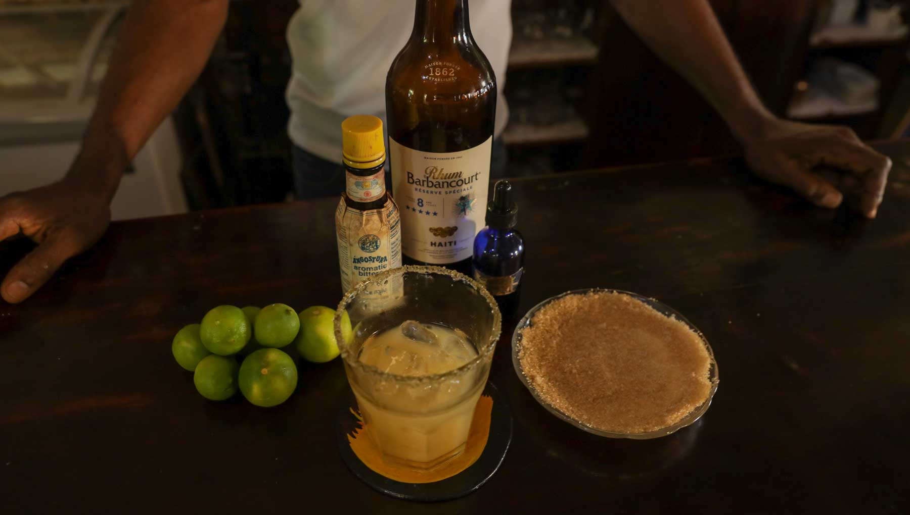 a mixed rum sour drink with ingredients