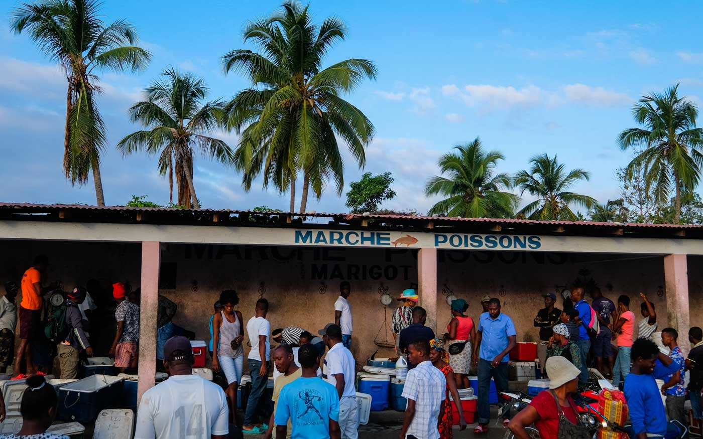 a fish market in haiti with many people