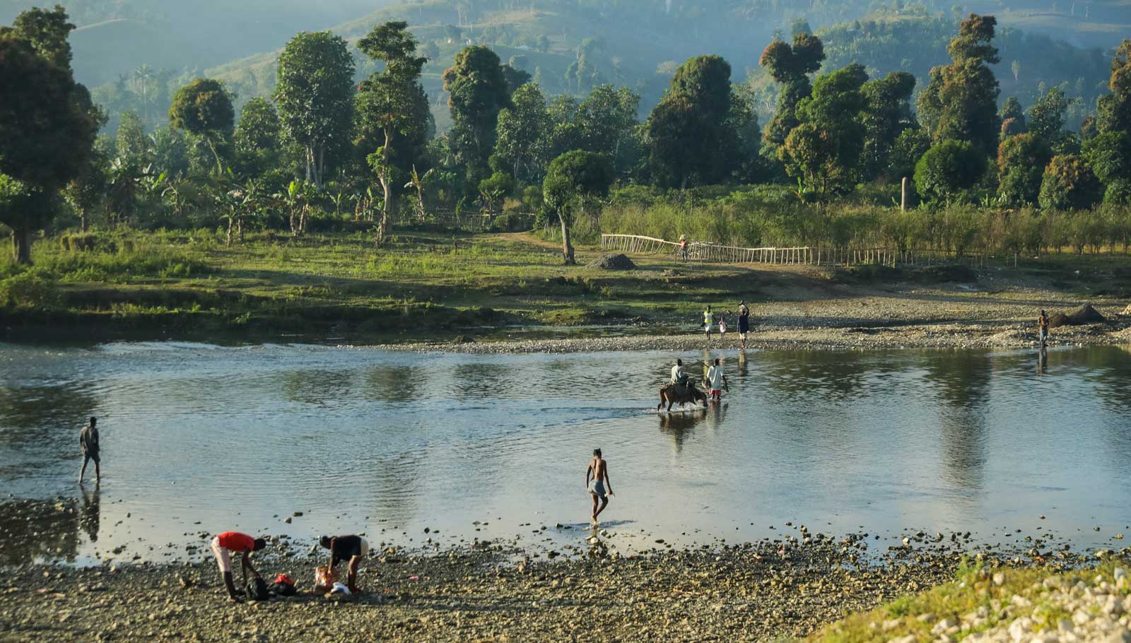 haitians crossing the grande-anse river by foot and donkey