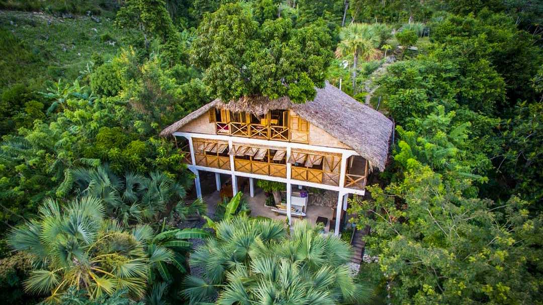 wooden hotel building in the middle of a tropical forest
